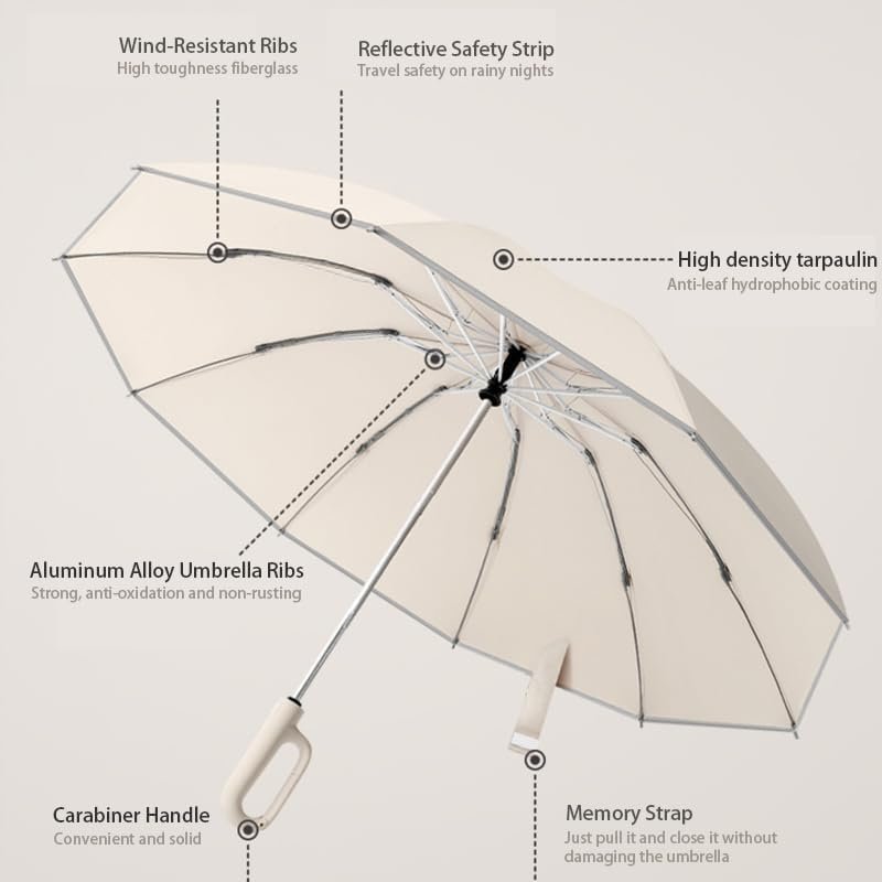 Ring Buckle Umbrella, Reflective Safety Strip, Sturdy Windproof, Reverse Automatic Umbrella, Ring Buckle Fully Automatic Umbrella, Travel Portable, Compact Folding Travel Umbrella (Beige) - Image 2
