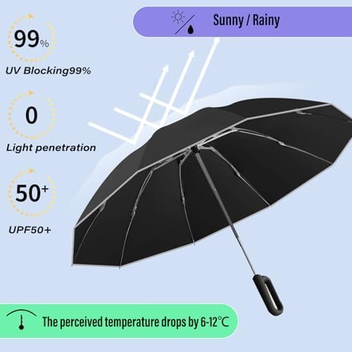 Ring Buckle Umbrella, Reflective Safety Strip, Sturdy Windproof, Reverse Automatic Umbrella, Ring Buckle Fully Automatic Umbrella, Travel Portable, Compact Folding Travel Umbrella (Beige) - Image 4