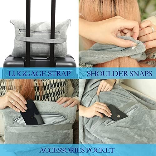 Travel Blanket and Pillow Set - Portable Inflatable Travel Neck Pillow and Premium Soft Airplane Blanket with Built-in Soft Bag, Neck Snaps, Zippered Pouch, and Hand Luggage Strap,70" x 40" (Grey) - Image 3