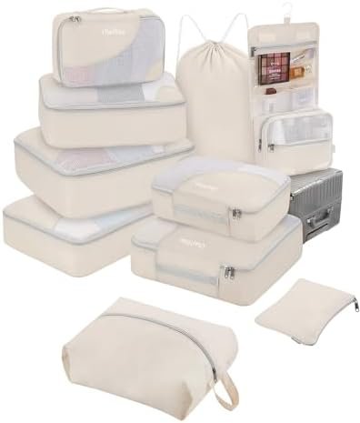 OlarHike Travel Essentials ALL INCLUDED 10 Set Sturdy Packing Cubes for Suitcases, UPGRADED Anti-Tear Stitching, NEW Improved Luggage Packing Organizers for Travel Accessories(Cream)
