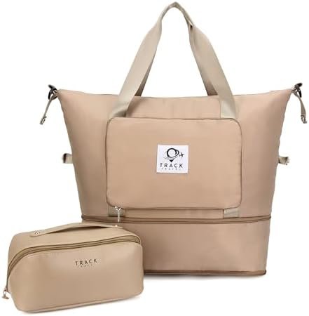 Large Capacity Folding Travel Bag Dry Wet Separated Gym Bag for Man and Woman Cosmetic Travel Bag Portable Travel Lightweight Waterproof Oxford Fabric Duffel Bag Workout Bag (Champagne)