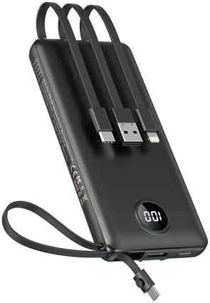 VEEKTOMX Portable Charger with Built-in Cables, 10000mAh Power Bank for iPhone, Slim Fast Charge USB C Battery Pack, Travel Essentials Powerbank Compatible with iPhone 15/14/13, Samsung, Android, etc