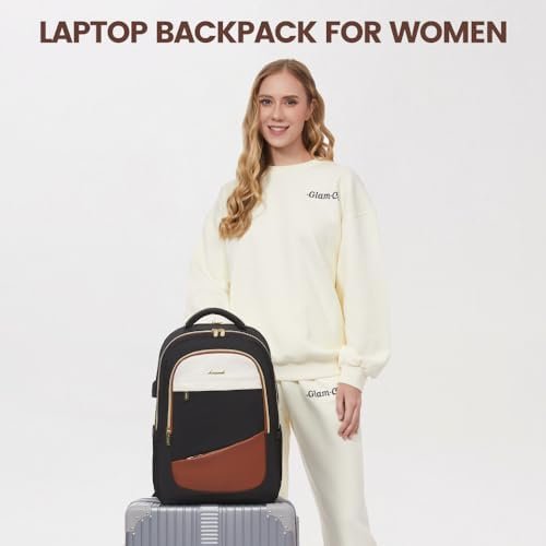 LOVEVOOK Laptop Backpack for Women,College Travel Copmputer Backpack, 15.6 Inch Work Backpacks with USB Port,Waterproof Back Pack with Laptop Compartment for Teacher Nurse,Black-White-Brown - Image 8