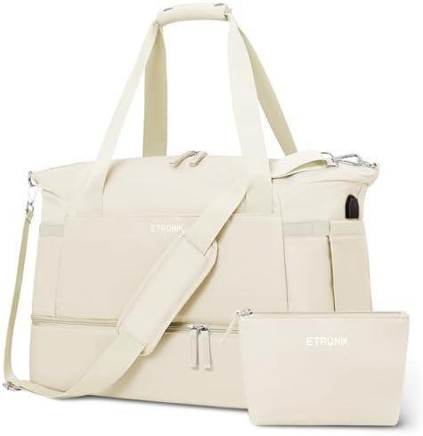ETRONIK Gym Bag for Women, Personal Item Travel Duffel Bag with Shoes Compartment, Weekender Overnight Bag with Wet Pocket & USB Charging Port, Carry On Bag for Women, Travel, Gym, Weekend (Beige)
