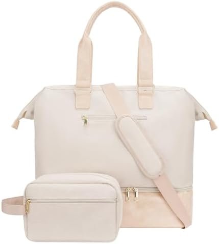 MINKARS Weekender Bag with Shoe Compartment Travel Tote Overnight Bag, Personal Item Bag for Airlines 17 Inch, Beige