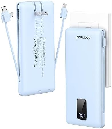 Charmast Portable Charger with Built-in Cables & Wall Plug, 10000mAh Portable Power Bank, External Battery Pack Travel Essentials Compatible with iPhone 16/15/14/13, Samsung, iPad etc