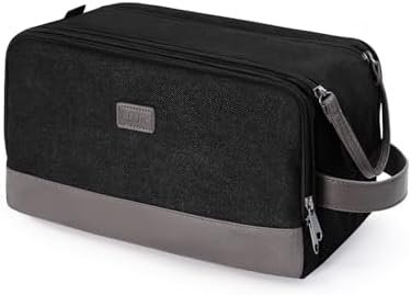 WANDF Toiletry Bag for Men Travel Toiletry Organizer Canvas and Leather Dopp Kit Water-Resistant Shaving Bag for Travel Accessories (Black, Patent Pending)