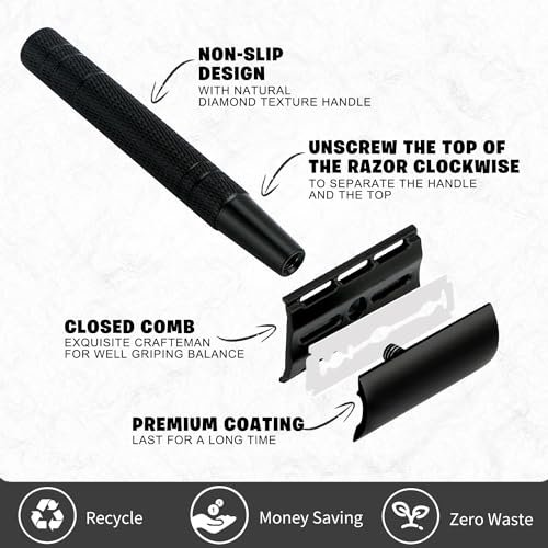 Double Edge Safety Razor for Men, Single Blade Razors for Men and Women, with 10 Platinum Coated Safety Razor Blades, Face Razors for Men Shaving, Travel Essentials Reusable Metal Razor, Matte Black - Image 4