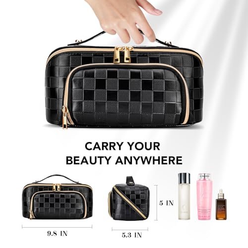stona Travel Makeup Bag for Women, Large Capacity PU Leather Waterproof Checkered Cosmetic Bags, Portable Pouch Open Flat Toiletry Bag, Make up Organizer with Divider and Handle, Black - Image 2