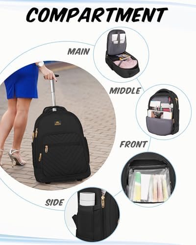 MATEIN Rolling Backpack, 17 inch Extra Large Travel Laptop Backpack with Wheel, Water Resistant Carry on Luggage Business Bag, Overnight College Computer Backpack Trolley Suitcase for Women Men, Black - Image 4