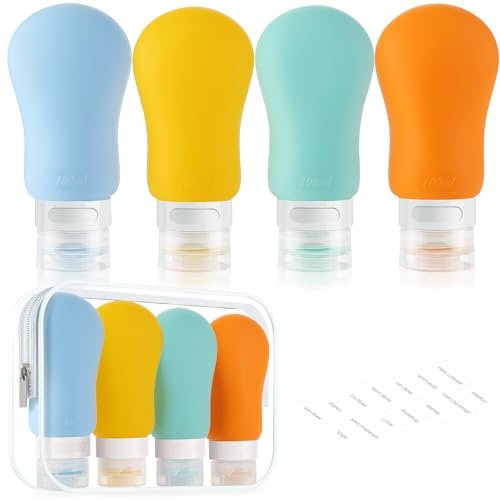 Travel Bottles for Toiletries, Travel essentials BPA Free Leak Proof Tubs Refillable Liquid Accessories with Toiletry Bag for Cometic Shampoo and Lotion Soap 4 Pack (3.3oz)