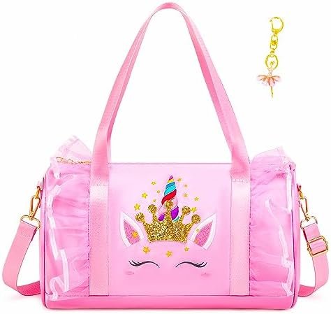 Dorlubel Cute Ballet Dance Bag Gym Travel Duffle Bag for Girls Tutu Dress Bag with Key Chain for Girls (Pink4 of Long Mesh)
