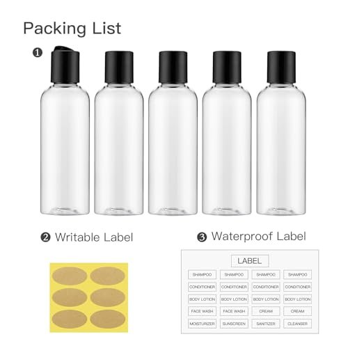 3.4 oz Travel Bottles for Toiletries, Empty Travel Size Containers Tsa Approved, 5PCS Small Plastic Shampoo Bottles with Labels (100ml, Clear) - Image 5
