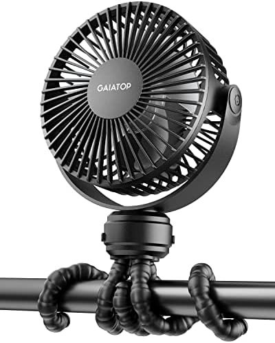 Gaiatop Mini Portable Stroller Fan, Battery Operated Small Clip on Fan, Detachable 3 Speed Rechargeable 360° Rotate Flexible Tripod Cooling Fan for Car Seat Crib Treadmill Travel Black
