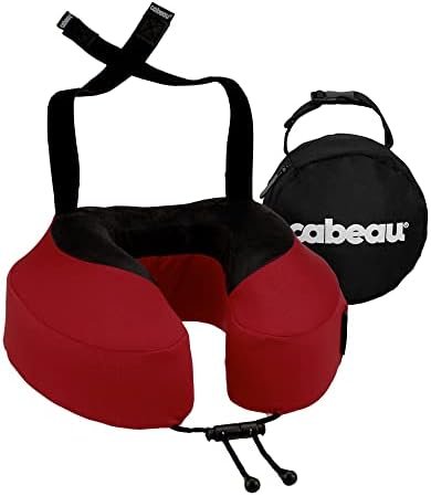 Cabeau Evolution S3 Travel Neck Pillow Memory Foam Neck Support, Adjustable Clasp, and Seat Strap Attachment - Comfort On-The-Go with Carrying Case for Airplane, Train, and Car (Cardinal Red)