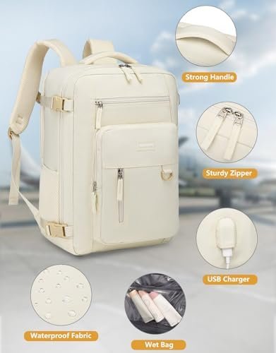 Travel Backpack for Women, Flight Approved Carry On Backpack with Shoe Pouch, TSA Personal Item Travel Bag Large Luggage Backpack Fits 17 Inch Laptop for Weekender Overnight, Beige - Image 5