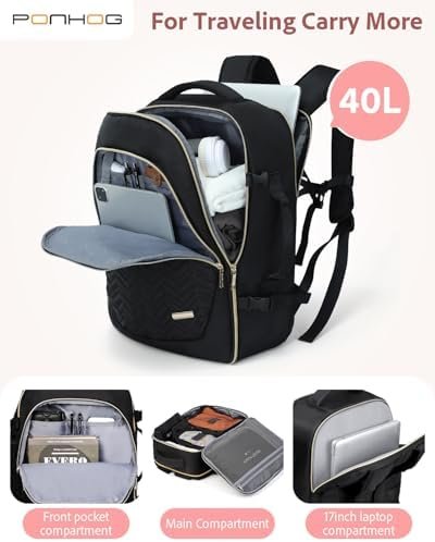 Large Travel Backpack for Women - Travel Backpack Carry on Flight approved 40L Personal Item with 6 Packing Cubes fit 17 inch Laptop Water Resistant Business College Backpacks Black - Image 5