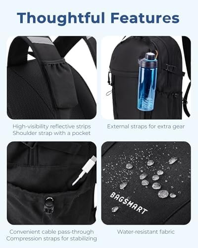 BAGSMART Travel Backpack for Men and Women, Lightweight 15.6" Sport Bag, Large Weekender Bag, Water Resistant Stylish Casual Bookbag for Flight, College, Outdoor, Black - Image 3