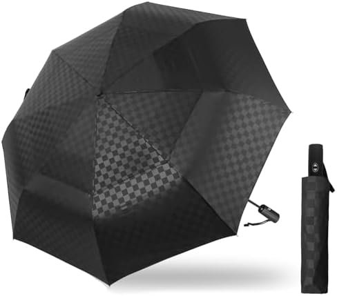 Satol Large Golf Umbrella 62 Inch, Automatic Windproof Double Canopy Vented 8 Ribs Sturdy Folding Umbrella, UPF 50+ Portable Wind Resistant Sun & Rain Compact Umbrellas for Travel (checkered)