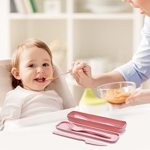 Reusable Travel Utensils Set with Case, 6 Sets Wheat Straw Portable Knife Fork Spoons Cutlery, Eco-Friendly BPA Free Plastic Tableware for Kids Adults Travel Picnic Camping Utensils - Image 3