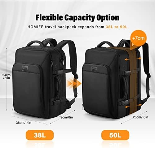 HOMIEE Carry On Luggage 22x14x9 Airline Approved 50L Travel Backpack, Extra Large Expandable Laptop Backpack, Black - Image 3