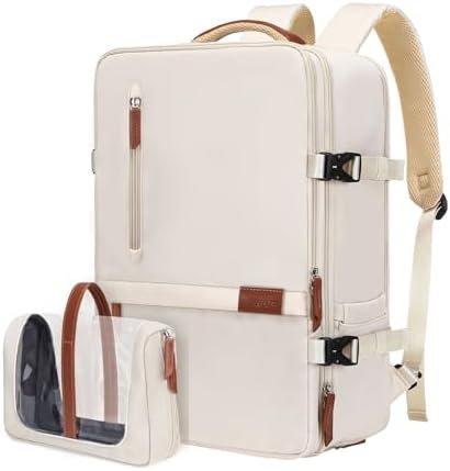 MOSISO Travel Backpack,40L Carry on Backpack for Women Men,17-17.3 inch Airline Approved Luggage Backpack with USB Port&Hidden Shoulder Strap,Casual Daypack with Toiletry Bag&Shoe Pocket, Beige