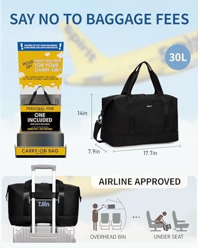 ECOHUB For Spirit Airlines Personal Item Bag 18x14x8 Underseat Carry on Bag with Removable TSA Approved Wet Bag, Travel Duffel Bags Weekender for Women, 30L (Black) - Image 2