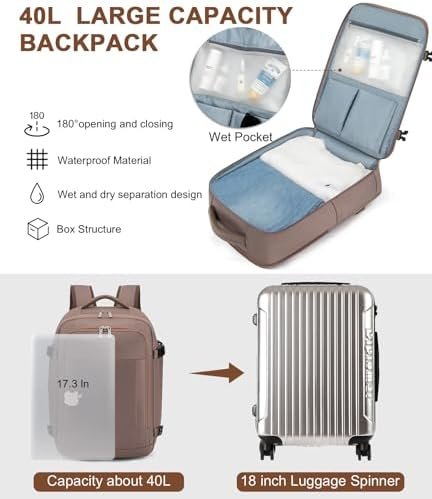 RDTGO Travel Backpack For Women, 40L Carry-On Backpack, Airline Approved Personal Item Bag, Waterproof Laptop Backpack with Large Duffel, Casual Daypack for Buisness Gym Weekend Hiking (Brown) - Image 2