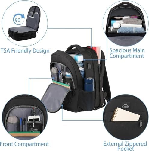 MATEIN College Large Travel Backpack, TSA Expandable Laptop Backpack with USB Charging Port, Anti Theft Computer Bag Fit 17.3 Inch Laptop Water Resistant College Backpack Gift for Men Women, Black - Image 5