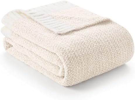 Snuggle Sac Buttery Ivory Throw Blanket for Couch, Reversible Super Soft Knitted Blankets, Warm Cozy Knit Fuzzy Plush Lightweight Throws for Sofa, Bed, Camping, Picnic, Ivory, 50 x 60 inches