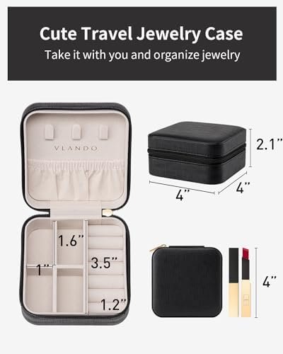 Vlando Travel Jewelry Box, Small Jewelry Travel Organizer Case for Girls Women - Black - Image 5