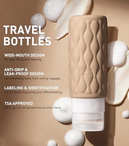 Travel Bottles for Toiletries, 3.4 oz TSA Approved Silicone Travel Bottles with Clear Toiletry Bag and Labels, Essential Travel Accessories for Shampoo Conditioner Lotion, 4 Pack (Cream) - Image 2