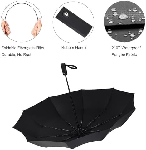 Windproof Travel Umbrella, Rain Sun and UV Resistant Auto Open Close Compact Portable Folding Umbrella for Car, Backpack, Men and Women, Black - Image 3