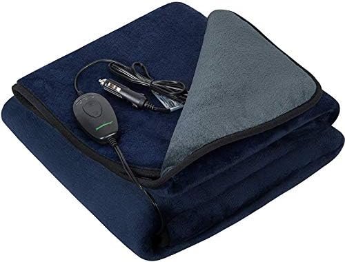 Machine Washable Electric Heated Blanket,12Volt Car Travel Blanket with Hi/M/Lo Heating 30/45/60 mins Auto-Off Timer,Warm for Truck/SUV/Van Driving(55.1"x39.4")(Navy Blue and Grey)