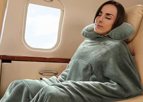 Travel Blanket and Pillow Set - Portable Inflatable Travel Neck Pillow and Premium Soft Airplane Blanket with Built-in Soft Bag, Neck Snaps, Zippered Pouch, and Hand Luggage Strap,70" x 40" (Grey) - Image 6