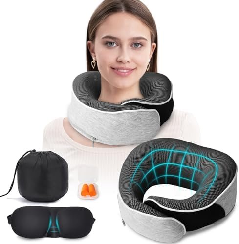 Travel Pillow,Upgraded 100% Memory Foam Neck Pillow for Traveling,Ergonomic Design Soft Best Flight Pillow,Neck Pillow Airplane Kit with 3D Contoured Eye Masks,Earplugs and Luxury Bag (Grey)