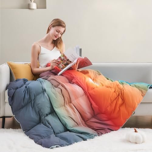 APSMILE Sunset Print Down Throw Blanket | Extra Fluffy & Warm Packable Feathers Down Blanket with Snap Buttons for Bed, Couch, Sofa, Travel, 50x70 Inches