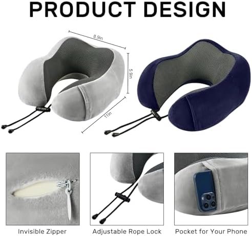 Travel Pillow for Airplane-2 Pack Memory Foam Neck Pillows, Soft & Support Travel Essentials for Travelling, Sleeping Rest, Car, Train and Home Use(Grey&Blue) - Image 5
