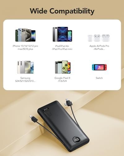 Portable Charger Built-in Cables and AC Wall Plug, USB C Power Bank 10000mAh, [2023 Upgraded Version] VRURC Phone Charger Compact Lightweight External Battery Pack for Smart Phones, Tablets-Pure Black - Image 7