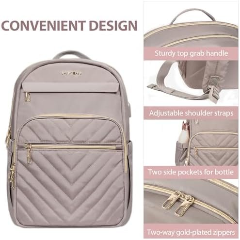 VANKEAN 15.6 Inch Laptop Backpack for Women Work Bag Fashion with USB Port, Waterproof Stylish Travel Bags Casual Daypacks for College, Business, Light Dusty Pink - Image 6