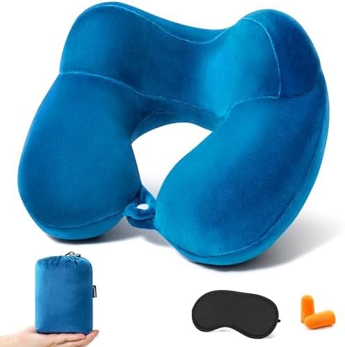 Anmerl Inflatable Travel Pillow Soft Velvet Portable Neck Pillow with Storage Bag for Airplane Train Car Office
