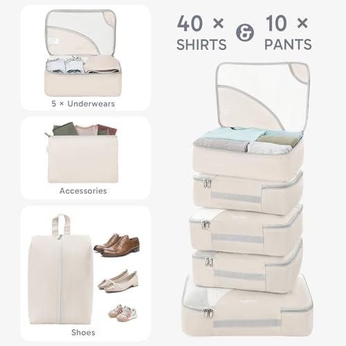 OlarHike Travel Essentials ALL INCLUDED 10 Set Sturdy Packing Cubes for Suitcases, UPGRADED Anti-Tear Stitching, NEW Improved Luggage Packing Organizers for Travel Accessories(Cream) - Image 5