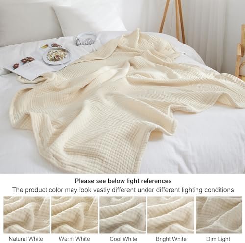 PHF 100% Cotton Muslin Throw Blanket, 4-Layer Lightweight and Breathable Blanket for Summer, Luxuriously Soft Gauze Blanket for Couch Bed Sofa, Elegant Home Decoration, 50" x 60", Shortbread - Image 5
