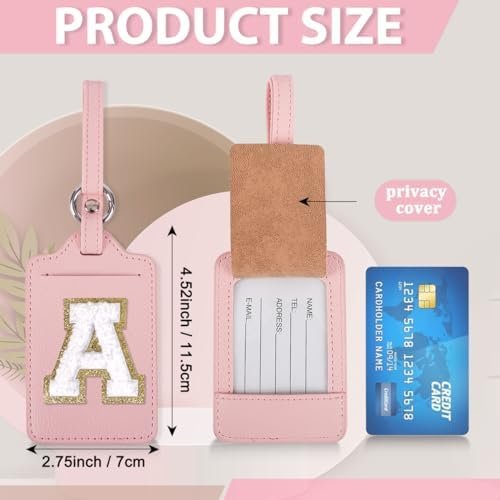 Personalized Initial Luggage Tags for Suitcases, Leather Chenille Letter Cute Luggage Tags with Privacy Name Card, Embroidered Travel Bag Backpack Tags Gifts for Women Kids Girls Teens(Pink-A) - Image 2
