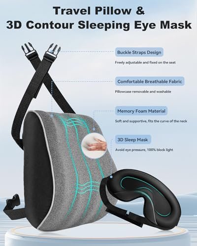 JefDiee Neck Pillows for Travel,Memory Foam Travel Neck Pillow with 3D Eye Mask,Travel Pillows for Sleeping Airplane-Prevents Head Forward,Airplane Pillow for Long Flight,Car,Train,Home,Office(Grey) - Image 3