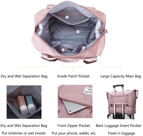 Large Capacity Travel Bag, Expansion Foldable Travel Duffel Bag, Dry and Wet Separation Portable Travel Duffel Bag, Overnight Bag for Women and Man(Fuchsia) - Image 5