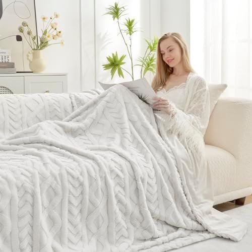 Cozy Bliss Faux Fur Throw Blanket for Couch, Jacquard Fuzzy Plush Soft Thick Winter Throw Blanket for Sofa Bed Living Room Bedroom,50"x60" Beige - Image 4