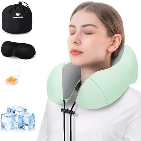 Travel Pillow for Airplane Memory Foam Neck Pillow, Soft & Support Travel Pillow for Travelling with Eye Mask, Earplugs and Storage Bag, Sleeping Rest, Car, Train and Home Use Cooling, Sage