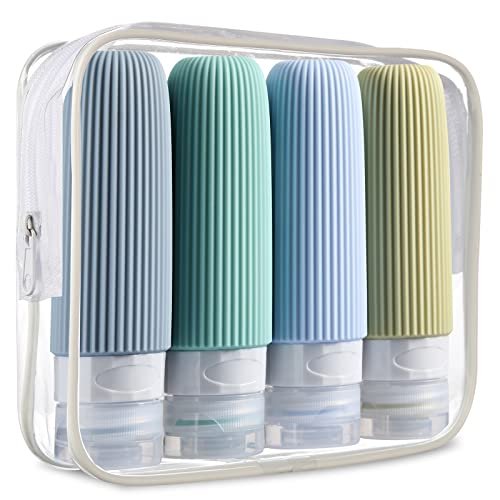 Travel Bottles for Toiletries, Tsa Approved 3oz Portable Travel Bottles, BPA Free Leak Proof Squeezable Silicone Travel Size Containers, Travel Accessories with Clear Toiletry Bag (4 Pack)