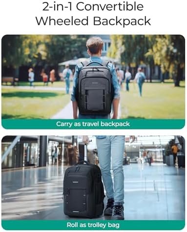 BAGSMART Rolling Backpack, 17 Inch Travel Laptop Wheeled Backpack, 40L Large Carry on Business Luggage with Wheels for Adults Men Women, Water Resistant Overnight Work College Trolley Suitcase, Black - Image 2